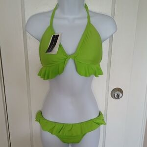 Ralph Lauren Swimsuit Medium Two Piece Bikini Set Halter Ruffle Bright Green NWT